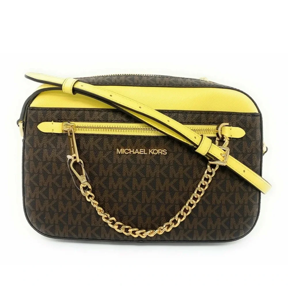 New Michael Kors Jet Set Item Large Zip Chain Crossbody Bag Brown / Buttercup